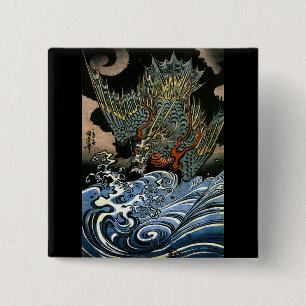 Badge Carré 5 Cm Dragon & Eau Spirit Kuniyoshi Art Japonais