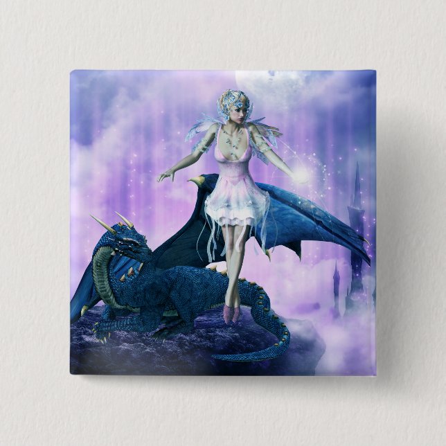 Badge Carré 5 Cm Dragon Et Fée (Devant)