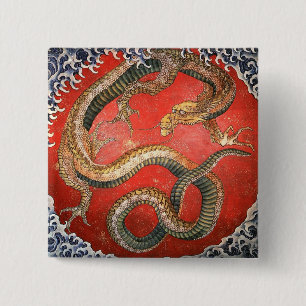 Badge Carré 5 Cm Dragon, Hokusai Art japonais