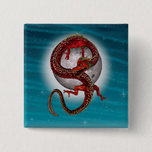 Badge Carré 5 Cm Dragon Lune Rouge Fantastique Artistique