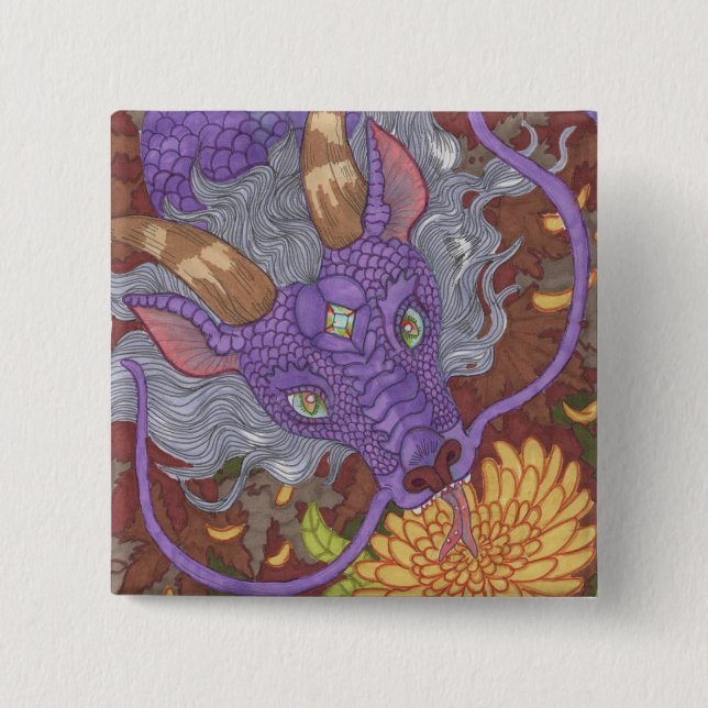 Badge Carré 5 Cm Dragon pourpre en fleur (Devant)