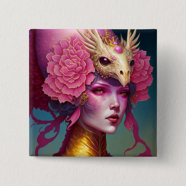 Badge Carré 5 Cm Dragon rose Crâne Femme Imaginaire Art (Devant)