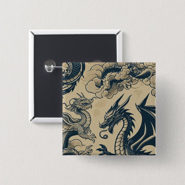 Badge Carré 5 Cm Dragons Fantasy Antiquités  (Devant & derrière)