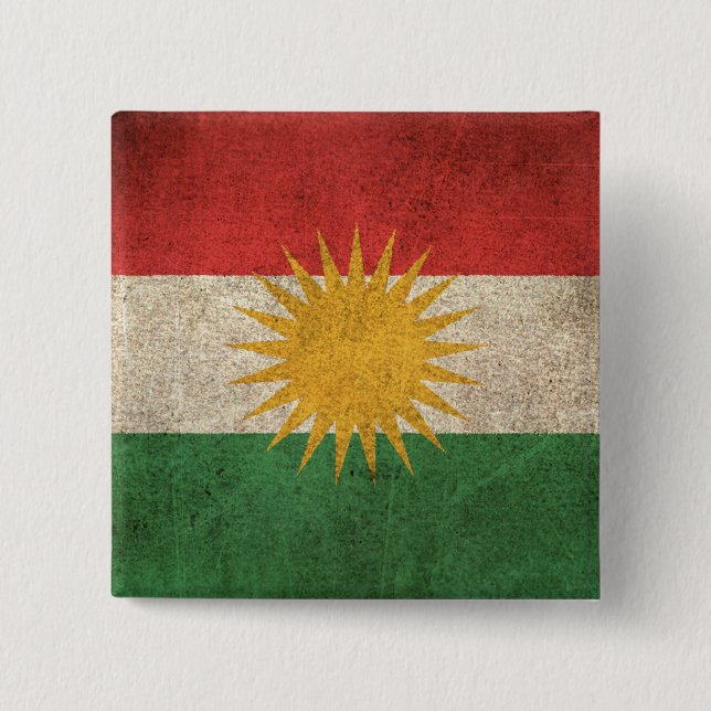 Badge Carré 5 Cm Drapeau affligé par cru du Kurdistan (Devant)