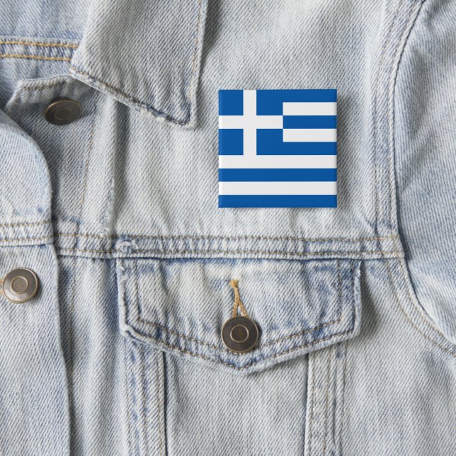 Badge Carré 5 Cm Drapeau grec (Grèce) (En situation)