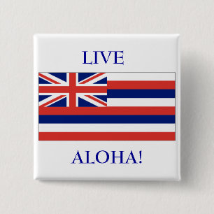 Badge Carré 5 Cm Drapeau hawaïen, VIVANT, ALOHA ! BOUTON