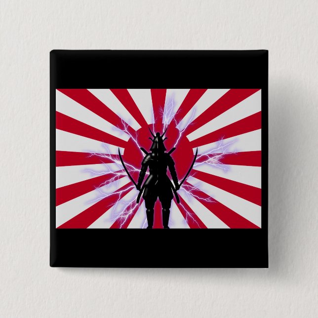 Badge Carré 5 Cm Drapeau japonais et Soleil Levant Samurai Guerrier (Devant)