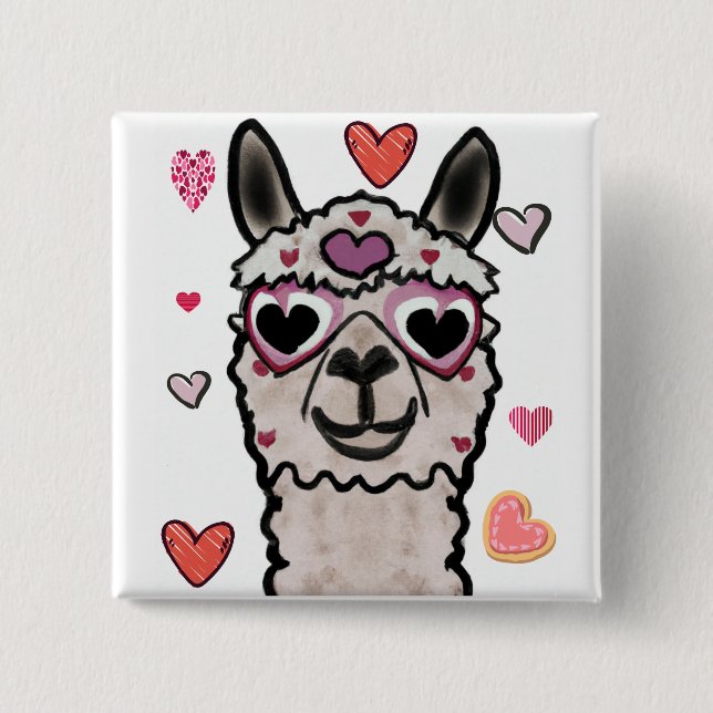 Badge Carré 5 Cm Drawn llama with heart eyes      button (Devant)