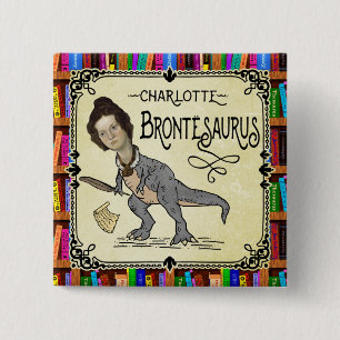 Badge Carré 5 Cm Drôle Charlotte Bronte Saurus Dinosaur Lecteur de