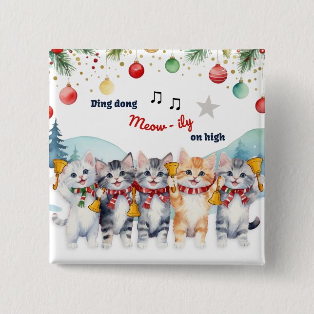 Badge Carré 5 Cm Drôle Humour Chat Aquarelle Caricature Noël (Devant)