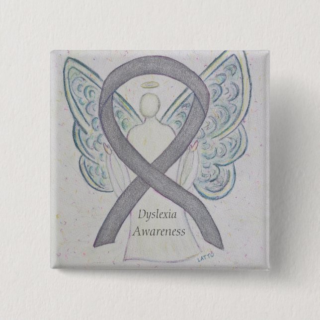 Badge Carré 5 Cm Dyslexia Silver Awareness Ribbon Angel Custom Pin (Devant)