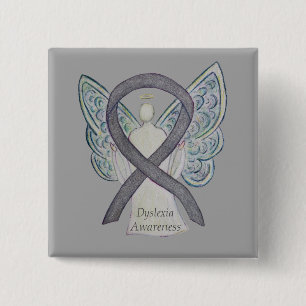 Badge Carré 5 Cm Dyslexia Silver Awareness Ribbon Angel Custom Pin