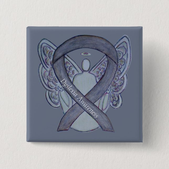 Badge Carré 5 Cm Dyslexia Silver Awareness Ribbon Angel Custom Pins (Devant)