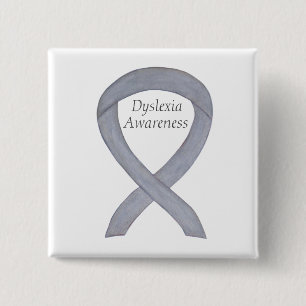 Badge Carré 5 Cm Dyslexia Silver Awareness Ribbon Custom Pin