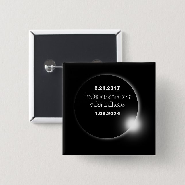 Badge Carré 5 Cm Éclipse solaire double date 2024 et 2017 (Devant & derrière)