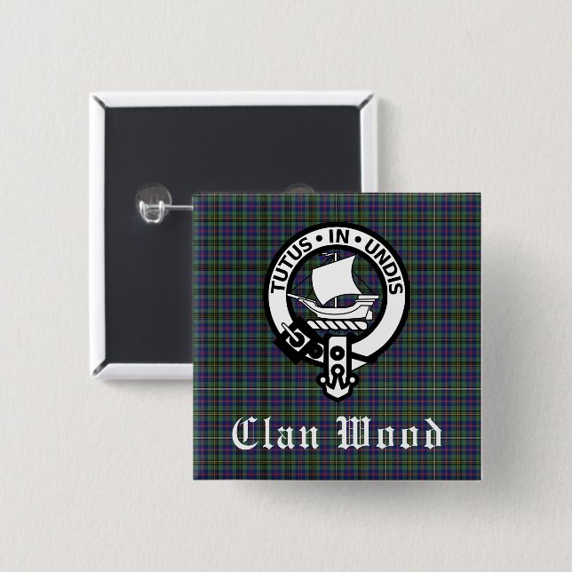 Badge Carré 5 Cm Ecosse Clan Wood Crest & Tartan (Devant & derrière)