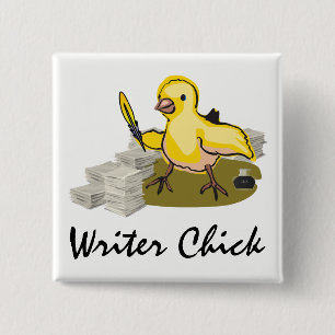 Badge Carré 5 Cm Écrivain avec papier, plumes et encre