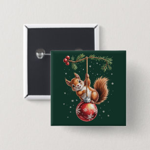 Badge Carré 5 Cm Écureuil Noël Hiver Flocon de neige Vacances d'hiv