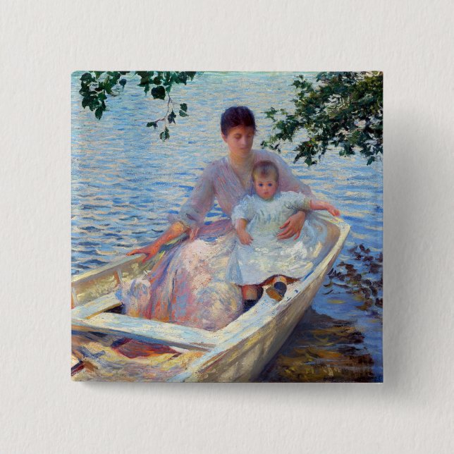 Badge Carré 5 Cm Edmund Charles Tarbell Mère et enfant dans un bate (Devant)