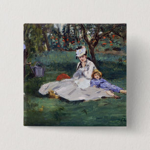 Badge Carré 5 Cm Edouard Manet - La famille Monet dans leur jardin