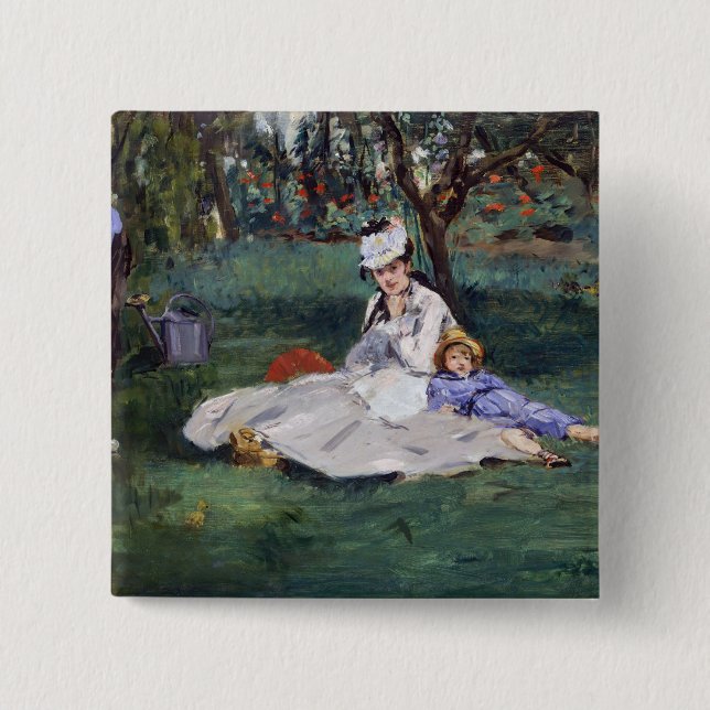 Badge Carré 5 Cm Edouard Manet - La famille Monet dans son jardin (Devant)