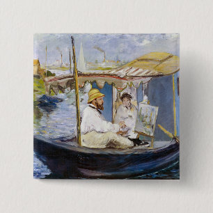 Badge Carré 5 Cm Edouard Manet - Monet dans son bateau atelier