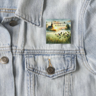 Badge Carré 5 Cm Église au lever du soleil avec des oiseaux dans un