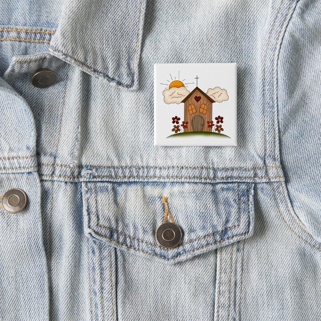 Badge Carré 5 Cm Église Sunny Avec Fleurs Rustique Charme De Pays (Créateur téléchargé)