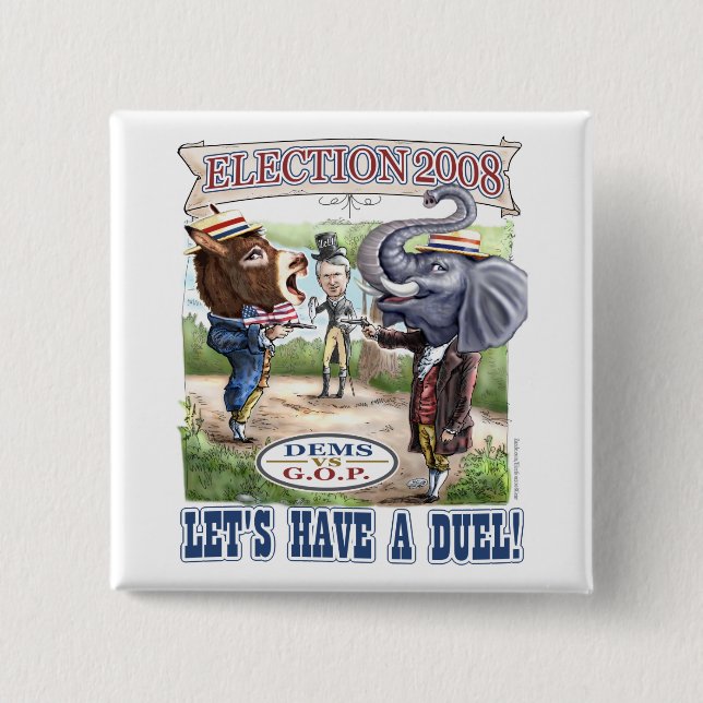 Badge Carré 5 Cm Élection politique 2008 de duel de mascotte (Devant)