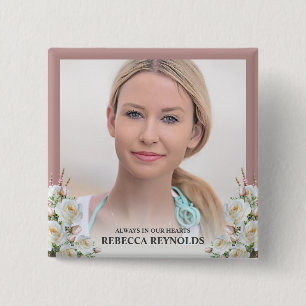 Badge Carré 5 Cm Elegant Always In Our Hearts Photo Floral Funeral