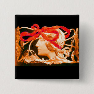 BADGE CARRÉ 5 CM ELEGANT BEAUTY / LADY WITH RED BOW AND FLOWERS