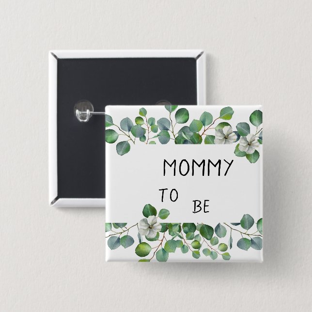 Badge Carré 5 Cm Élégant Eucalyptus Aquarelle Future Maman (Devant & derrière)