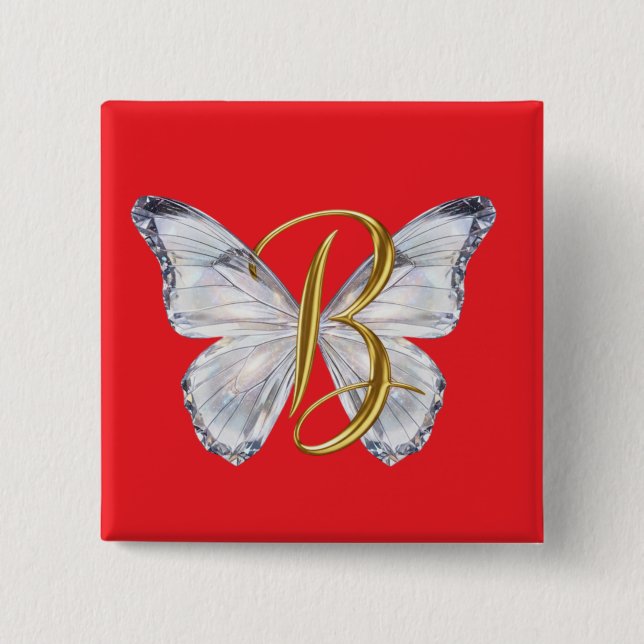 Badge Carré 5 Cm Elegant Floral Butterfly Letter B - Artistic Monog (Devant)