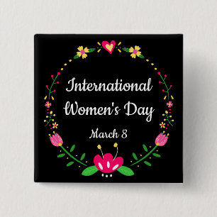 Badge Carré 5 Cm Élégant Floral International Femen Day Pinback