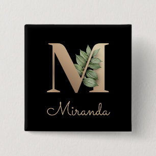 Badge Carré 5 Cm Élégant monogramme botanique or lettre M bouton