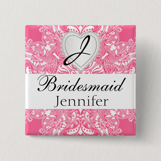 Badge Carré 5 Cm Élégant Monogramme Bridal Party Design rose (Devant)