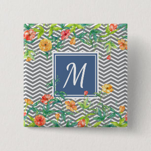 Badge Carré 5 Cm Élégant Orange Floral Chevron Chic Blue Monogram