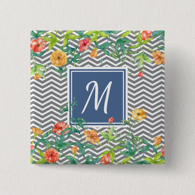 Badge Carré 5 Cm Élégant Orange Floral Chevron Chic Blue Monogram (Devant)