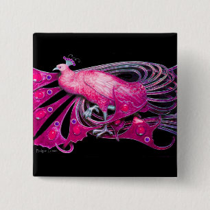 BADGE CARRÉ 5 CM ELÉGANT PEACOCK EN ROSE, FUCHSIA, NOIR