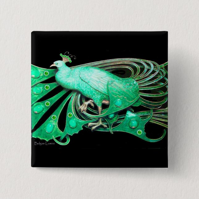 BADGE CARRÉ 5 CM ÉLÉGANT PEACOCK EN VERT, NOIR (Devant)
