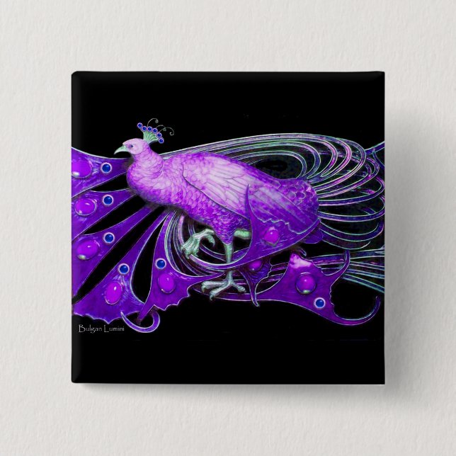BADGE CARRÉ 5 CM ÉLÉGANT PEACOCK EN VIOLET VIOLET, NOIR (Devant)