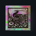 BADGE CARRÉ 5 CM ÉLÉGANT PEACOCK NOIR EN PARKLES BLEU PURPLE<br><div class="desc">Elégant paon Art Nouveau en parties scintillant et scintillants noirs et roses.</div>