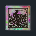 BADGE CARRÉ 5 CM ÉLÉGANT PEACOCK NOIR EN PARKLES BLEU PURPLE<br><div class="desc">Elégant paon Art Nouveau en parties scintillant et scintillants noirs et roses.</div>