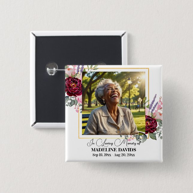 Badge Carré 5 Cm Elegant Peonies Photo Funeral Keepsake  (Devant & derrière)