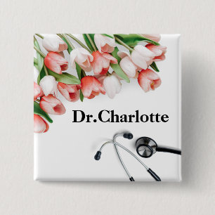 Badge Carré 5 Cm Elegant Pink Tulip Happy Doctor's Day  Button