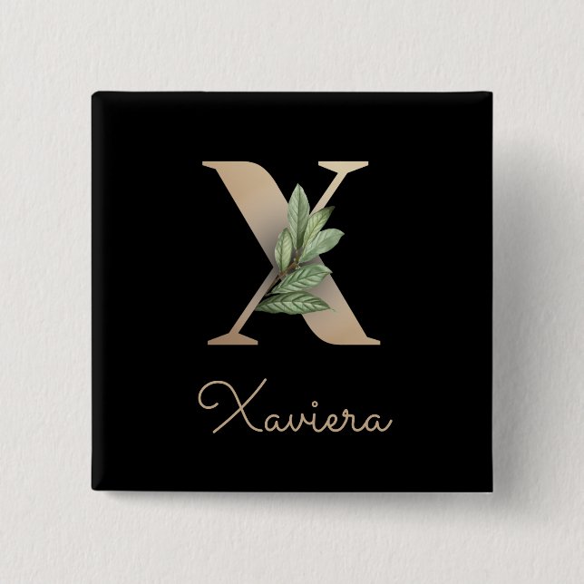 Badge Carré 5 Cm Élégante lettre or monogramme botanique X bouton (Devant)