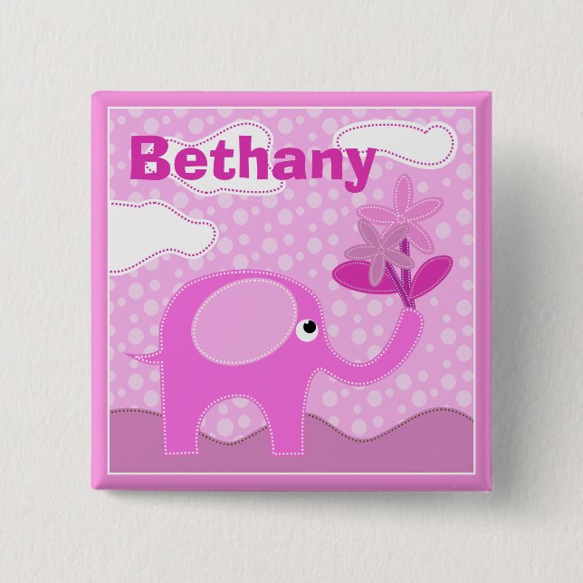 Badge Carré 5 Cm Eléphant et fleurs rose bébé Personnalisé (Devant)