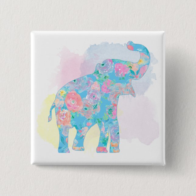 Badge Carré 5 Cm éléphant floral aquarelle (Devant)