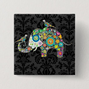 Badge Carré 5 Cm Éléphant Floral Rétro Coloré & Oiseaux