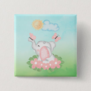 Badge Carré 5 Cm Eléphant mignon bébé avec fleurs roses